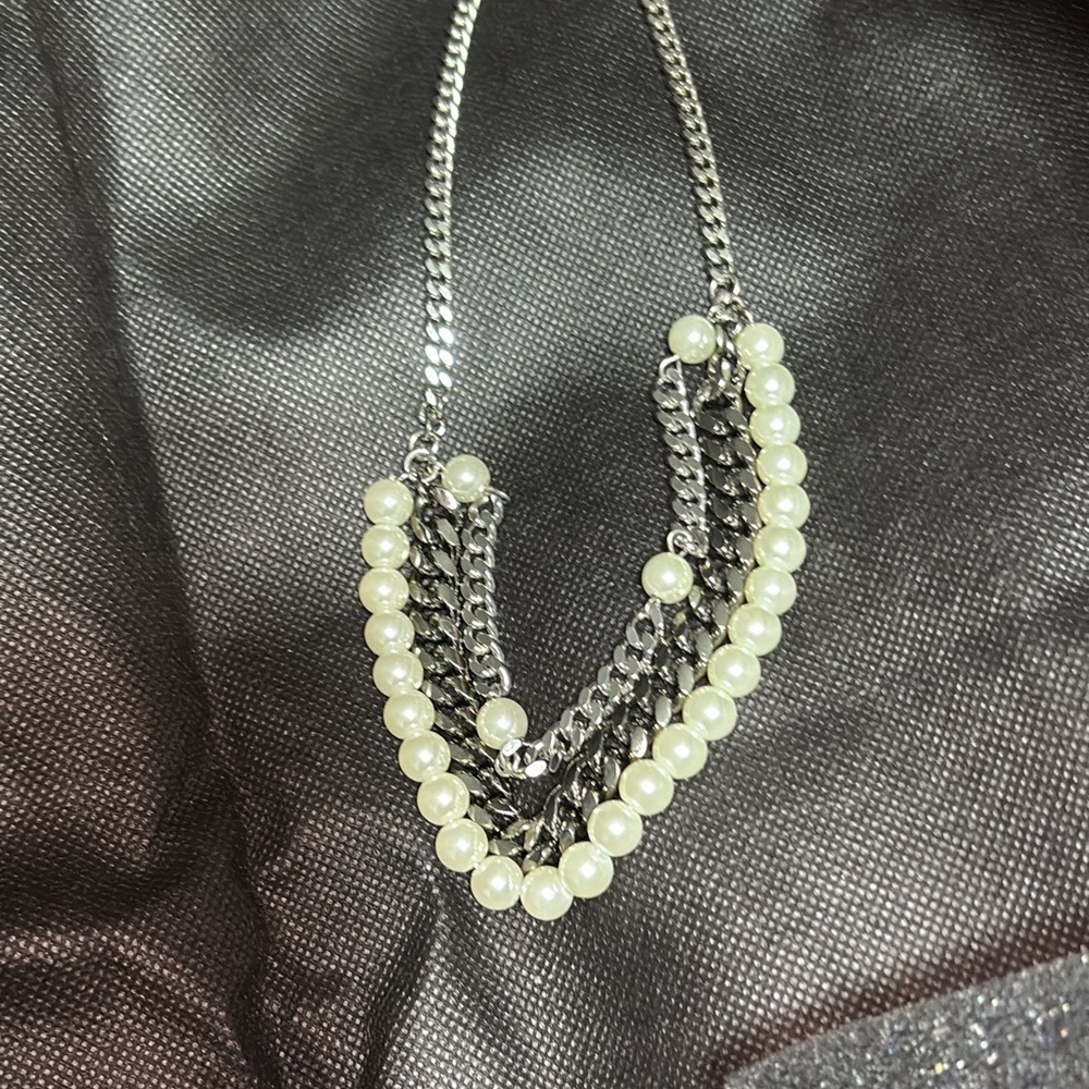 Givenchy Silver and Pearl Chain Necklace Stamp Shown